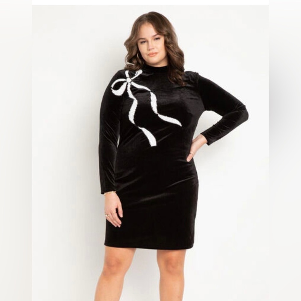 ELOQUII Black Velvet Dress with White Sequin Bow Detail
